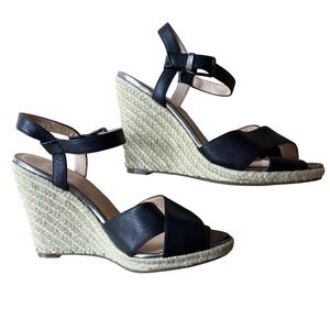 $180 Cole Haan Hart Black Leather Espadrille Wedge Sandals Ankle Strap Size 9.5